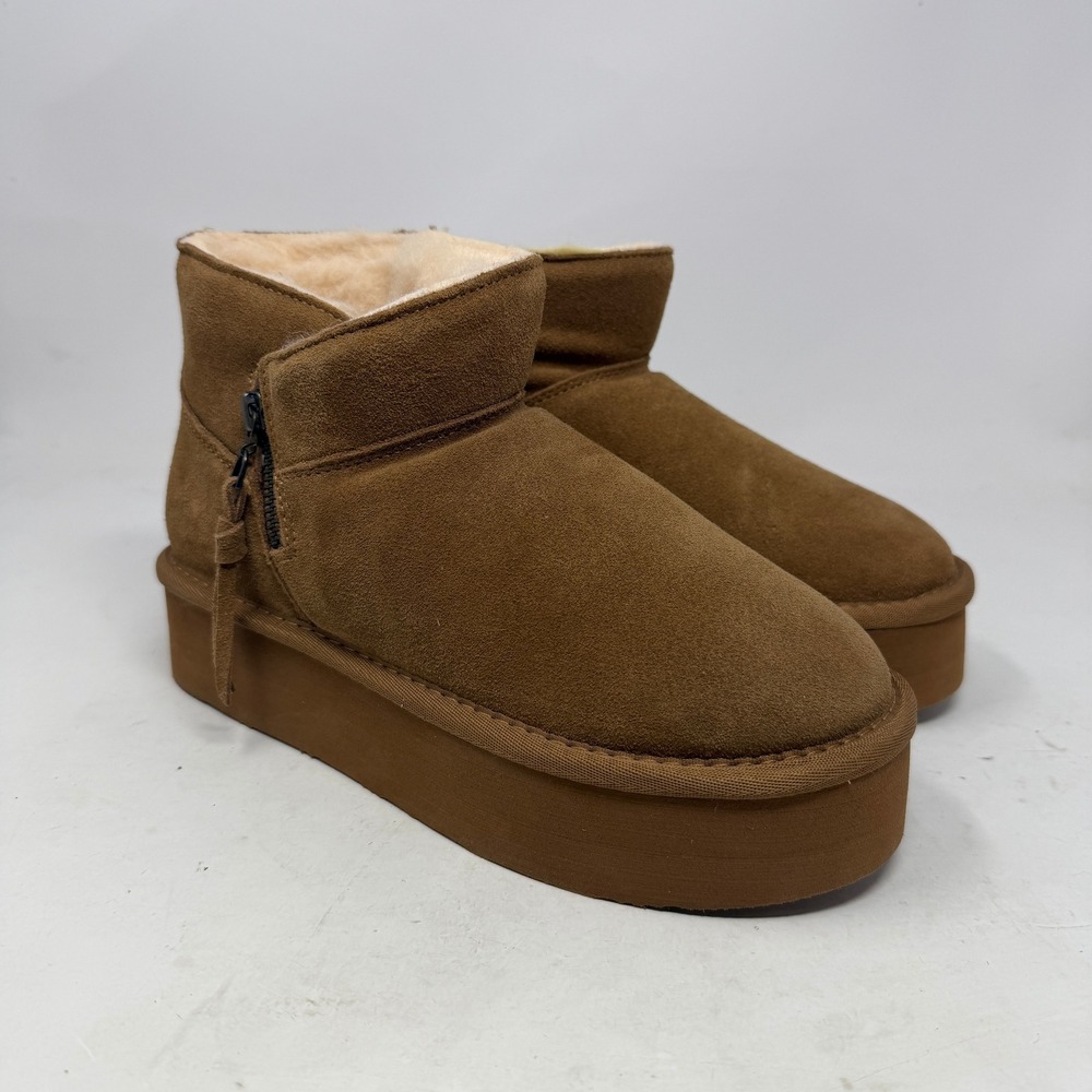 Bearpaw Boots Women 9 Retro Short Platform Hickory Brown Suede Zipper EUC